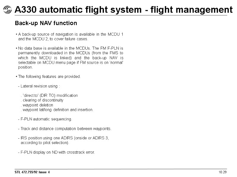 A330 automatic flight system - flight management 10.29 Back-up NAV function A back-up source